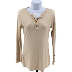 RJ 220 Shirt Beige Womens S/M Ribbed Knit Long Sleeve Button Up Henley Pullover